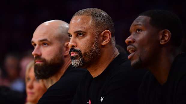 Rockets head coach Ime Udoka watches game action against the Los Angeles Lakers during the first half at Crypto.com Arena.